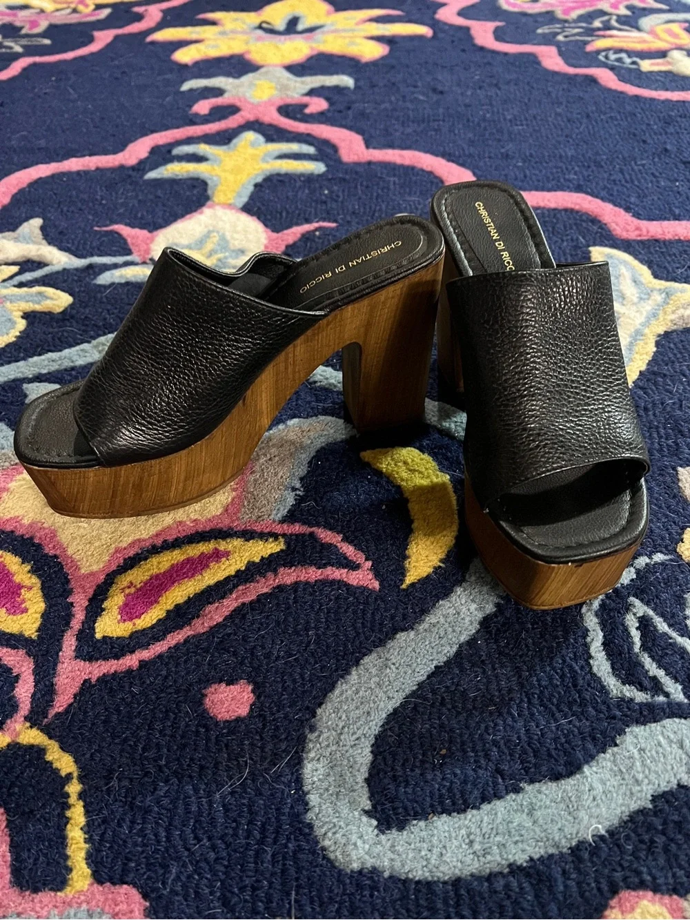 Black Pebbled Leather Platform Mules with Wood-Effect Heel